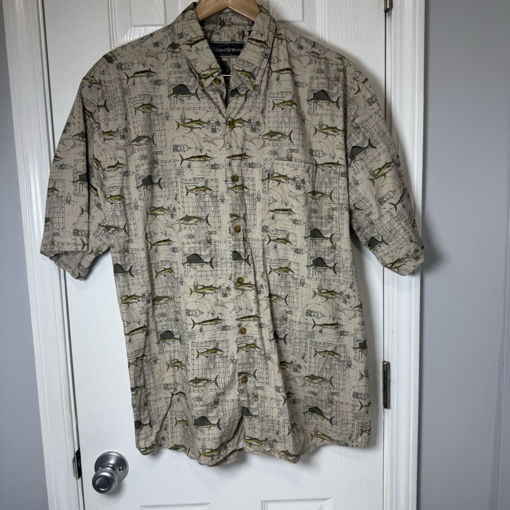 Field & Stream Mens Short Sleeve Button Down L Offshore Big Game Fish Shirt
